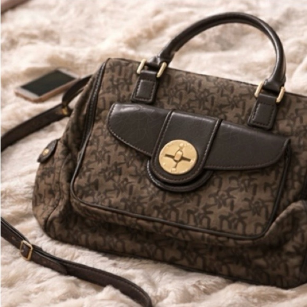 Vintage DKNY Monogram Satchel Handbag • Brown Logo Print. Read Description